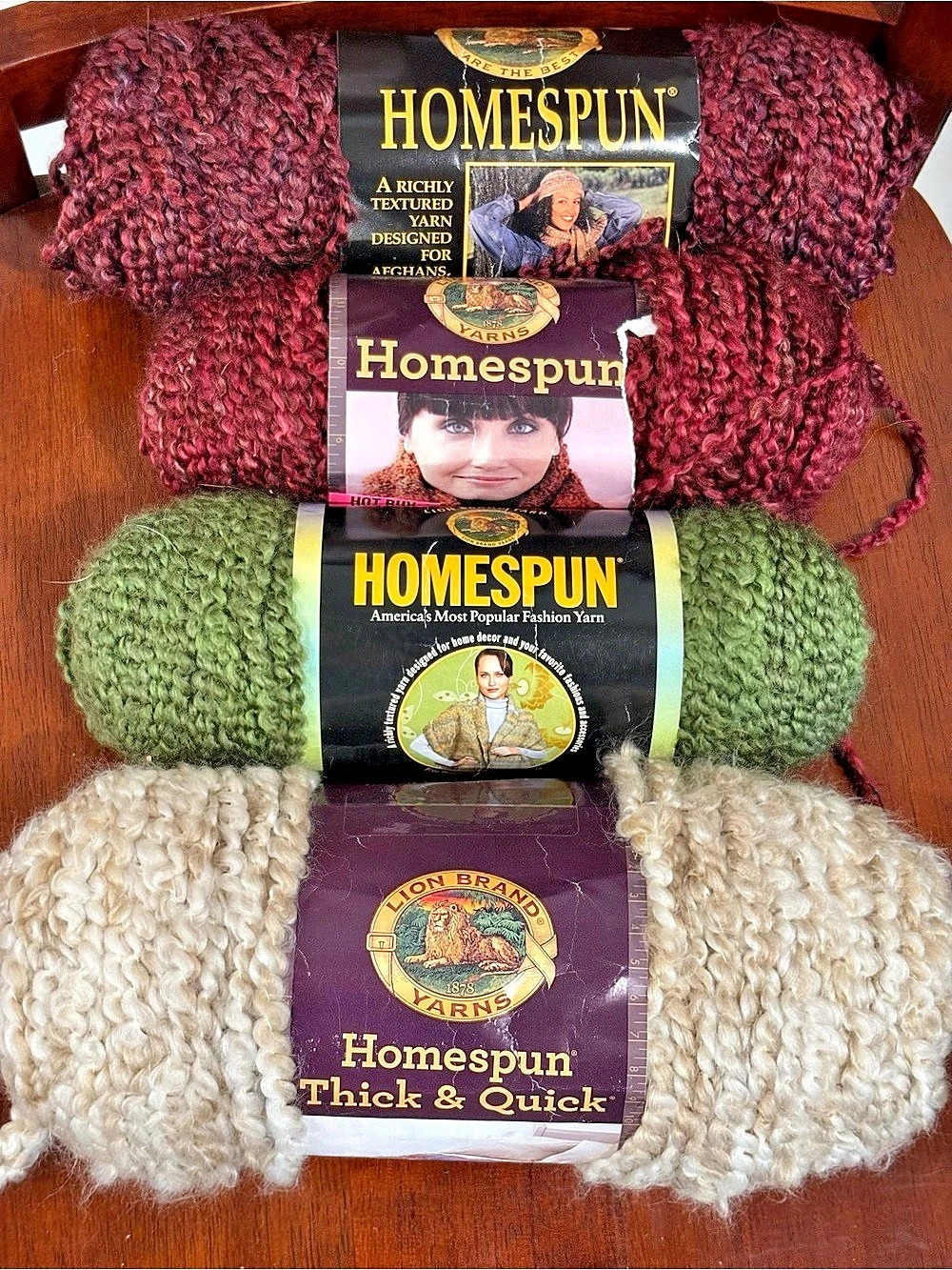 Lion Brand Homespun Yarn Lot - 4 Skeins (Claret, Antique, Olive, Pearls) NWT